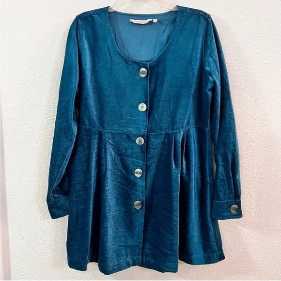 Soft Surroundings teal velvet button up tunic blouse - Picture 2 of 8
